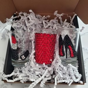 Glam Shot Glass Set Red,Black,Platinum Rhinestone Lipstick Heels Bling Bedazzled